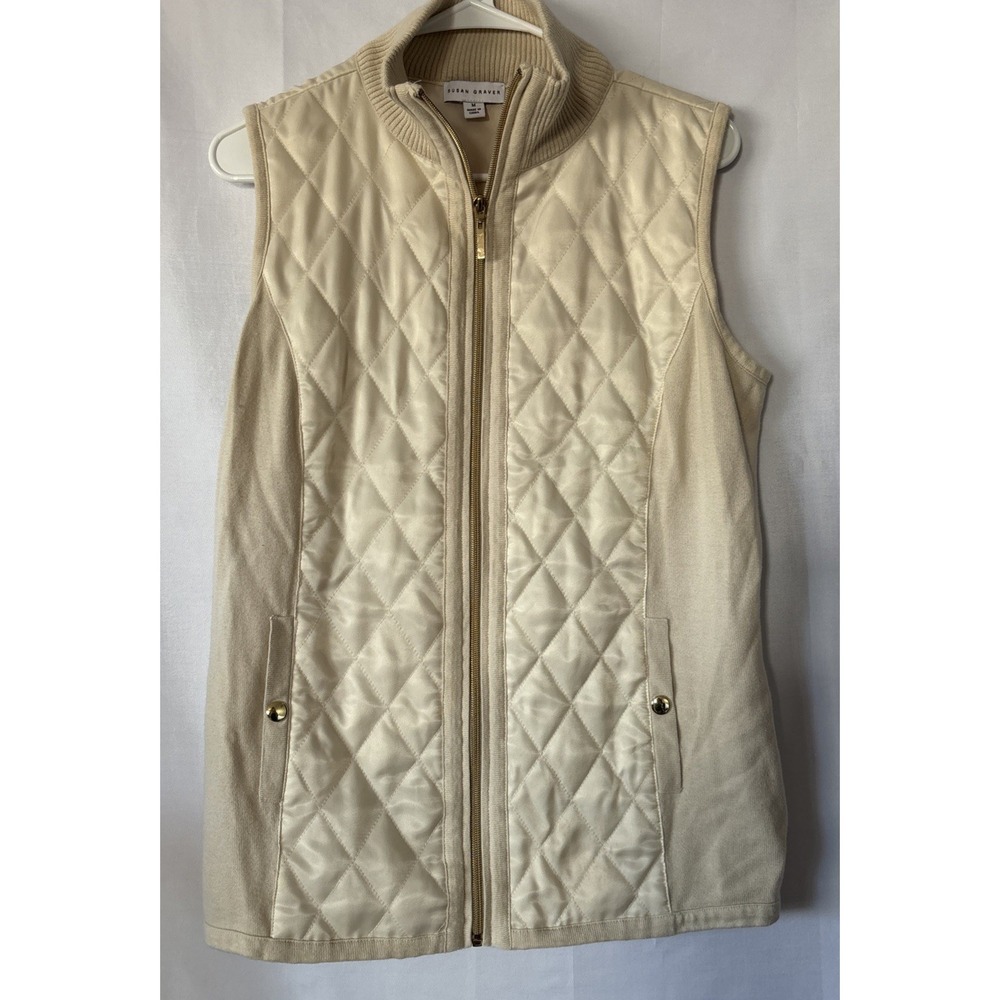Susan Graver Zip Front‎ Sweater Vest M Quilting Detail, Gold Accents Polyester